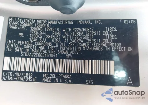 2006 Toyota Sienna Xle z USA, uszkodzony, nr VIN 5TDZA22C86S461041